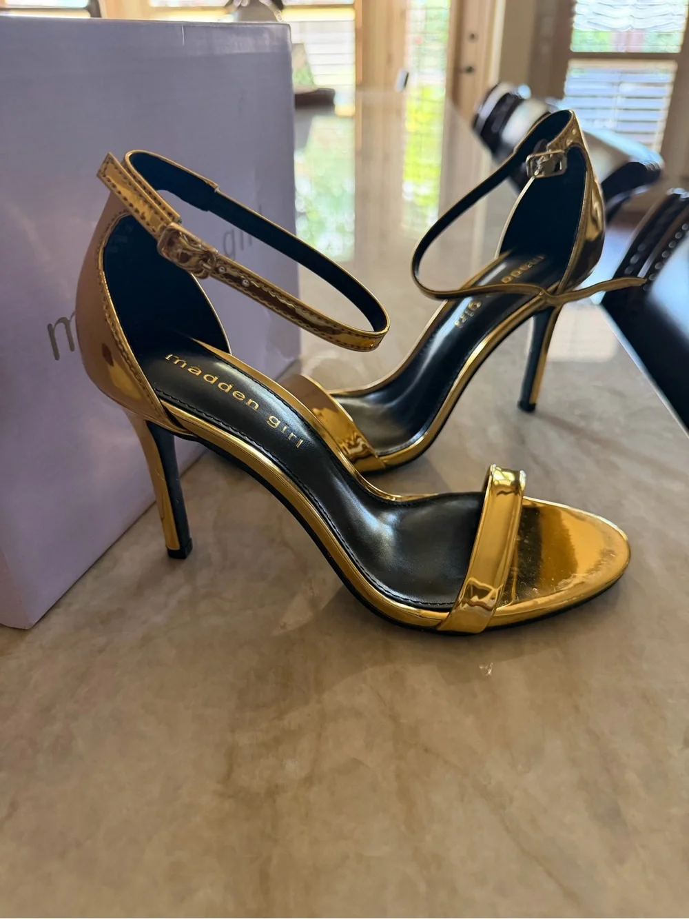 Madden Girl Shiny Gold Ankle-Strap Heels